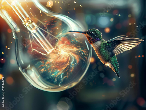 A hummingbird hovering inside a light bulb