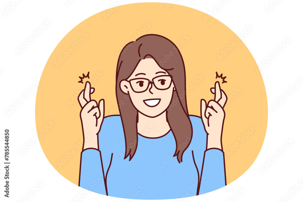 Girl student crosses fingers worried before important exam at college or university and hoping for good luck. Young girl with glasses makes wish to go on date or get married with guy likes