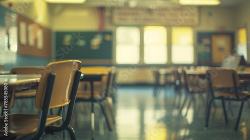 Blurred image depicting an empty classroom with muted colors, soft lighting, and absence of students or furniture photo