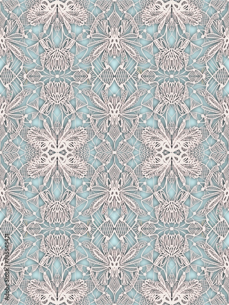 Seamless pattern, ornament with openwork symmetrical volumetric lace, created in the style of applique or embroidery on fabric, plain on a colored background. Suitable for interior, wallpaper, fabrics