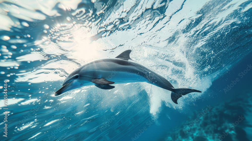 Fototapeta premium a jumping dolphin in pristine, crystal clear waters.
