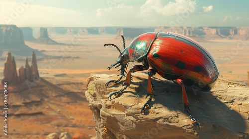 A hyper-realistic render of a red and metallic blue beetle on a rock outcropping in Monument Valley. photo
