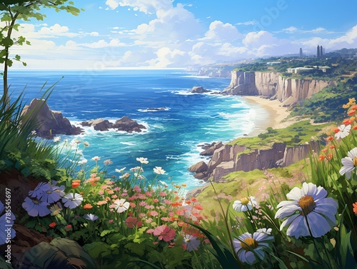 Cliffside haven, awash with blooms, overlooking the blue sea , illustration