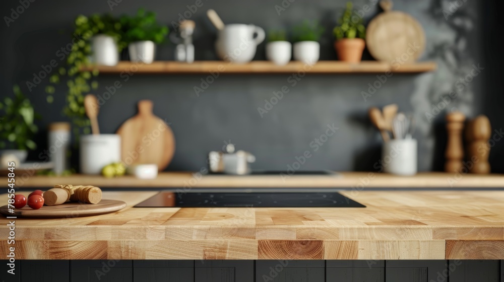 Empty Beautiful wood table top and blur bokeh modern kitchen interior background Empty Beautiful wood table top and blur bokeh modern kitchen interior background