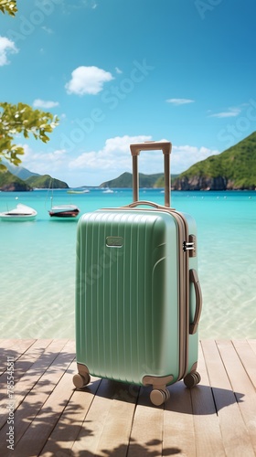 green suitcase on ocean background © Vlad Kapusta