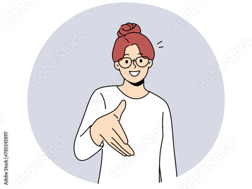 Smiling businesswoman in glasses stretch hand to camera get acquainted with applicant or candidate. Happy woman greeting with handshake. Collaboration and acquaintance. Vector illustration.