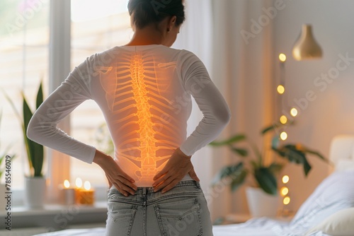 Individual wincing from intense back pain, soft lighting, evident discomfort 02 photo