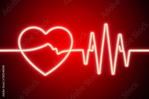 Red glow cardiovascular concept, human heart and neon cardiogram, symbolizing health