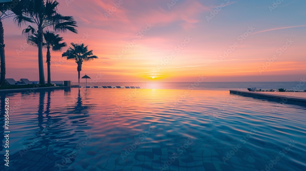 Vague sight of a top-tier hotel pool with a view of a magnificent beach at sunset, nobody in sight 02