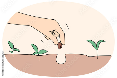 Close up of person hand put seed in soil. Farmer plant nut in ground engaged in gardening. Farming and agriculture. Vector illustration.