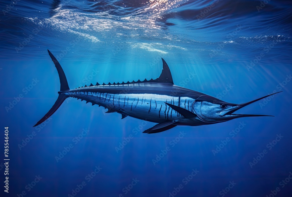 Obraz premium Blue marlin fish in the deep blue ocean. Wildlife scene.