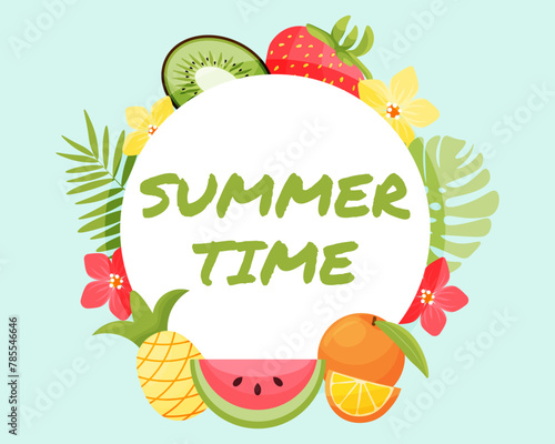 Summer time banner with white circle for text and colorful fruits. Vector illustration.