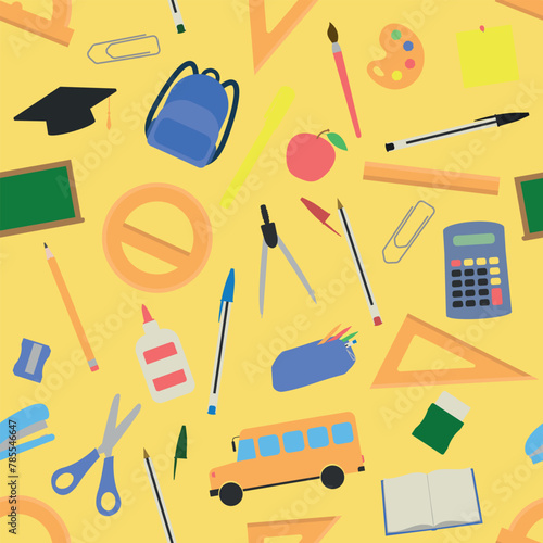 School Supplies Pattern - Assorted School Items on Yellow Background. Pencil, Eraser, Sharpener, Rulers, Backpack, Scissor, Pens, Calculator, Bus and others. Seamless Link.