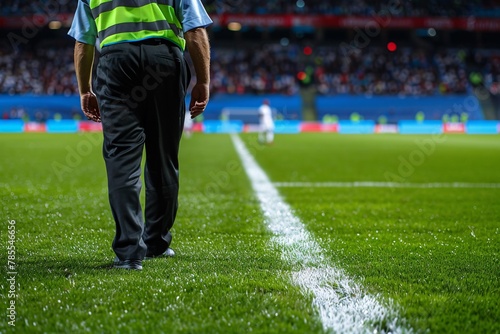 The soccer referee inspecting the field conditions before kickoff, ensuring a fair and safe match for all © Maelgoa
