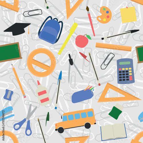 School Supplies Pattern - Assorted School Items on Paper Clips Background. Pencil, Eraser, Sharpener, Rulers, Backpack, Scissor, Pens, Calculator, Bus and others. Seamless Link.
