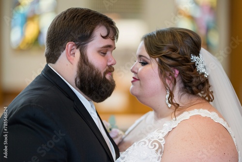 Tender moment between the obese bride and groom, their eyes locked in love as they exchange vows, celebrating their union 04 © Maelgoa