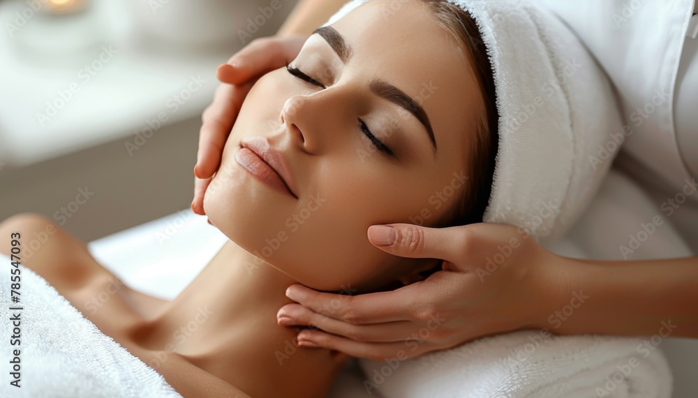 Elegant woman indulging in rejuvenating facial massage at spa for beauty treatment and relaxation