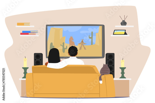 Couple Male and Female Characters Relax On The Couch, Hug, Engrossed In Tv, Nestled Together, Sharing Moments