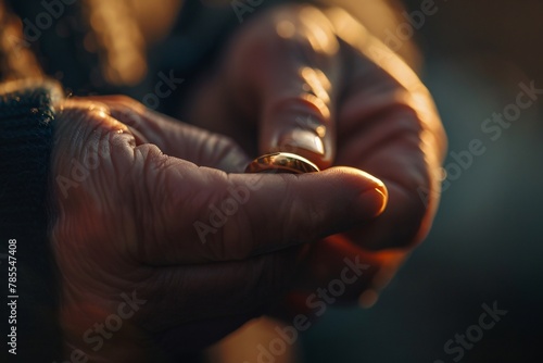 Intimate view of a hand removing a wedding ring, bathed in warm light, marking the end of marriage. The angle depicts contemplation and acceptance photo