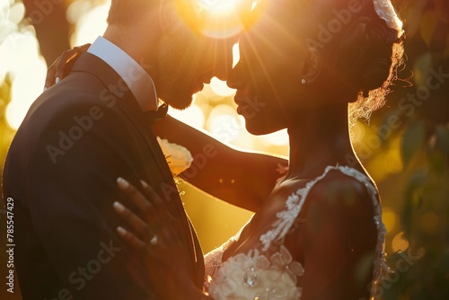 Intimate view of a groom's whispered promise to his bride, from varying ethnicities, against a backdrop of sunlight, symbolizing the depth of love and devotion found in marriage 04 photo