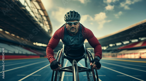 Disabled athlete on the stadium. Portrait of disabled professional sportsman on a wheelchair, on the competition, Olympic games or championship.