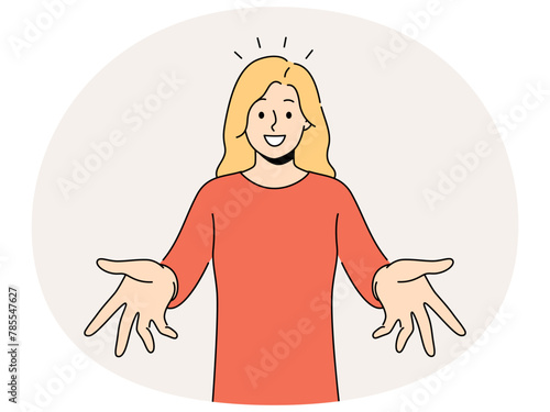 Smiling woman with arms open feel positive and optimistic meeting someone. Happy girl stretch hands welcoming newcomer or newbie. Vector illustration.