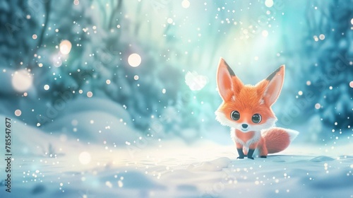 Red cute fox cub on winter forest
