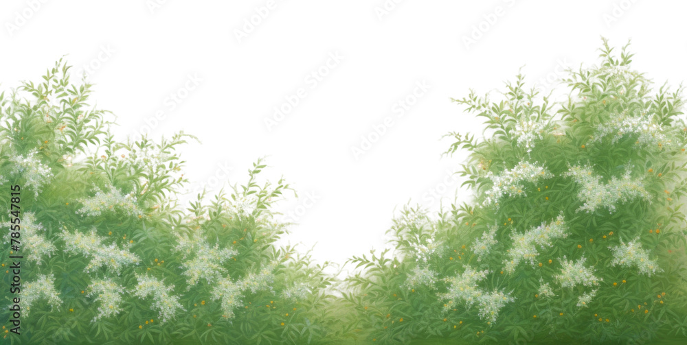 Fototapeta premium PNG Painting of green bush bloom border backgrounds landscape outdoors