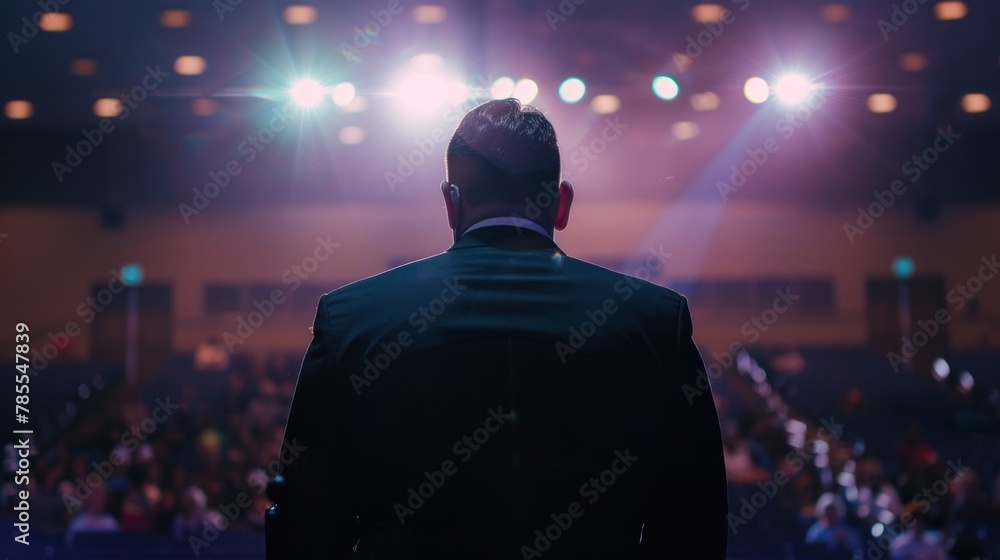 man speaking with another people on stage - obrazy, fototapety, plakaty 