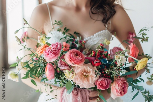 Detailed shot of a brunette bride's hands holding her wedding bouquet, the vibrant blooms and trailing ribbons adding to the beauty of the moment as she prepares to make her grand entrance 03