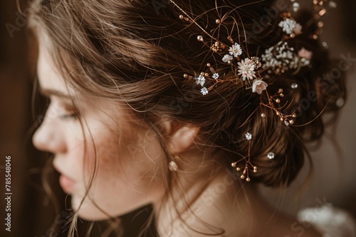 Detailed shot of a brunette bride's intricate bridal hairstyle, adorned with delicate flowers and shimmering hairpins, framing her face with timeless elegance on her wedding day 03