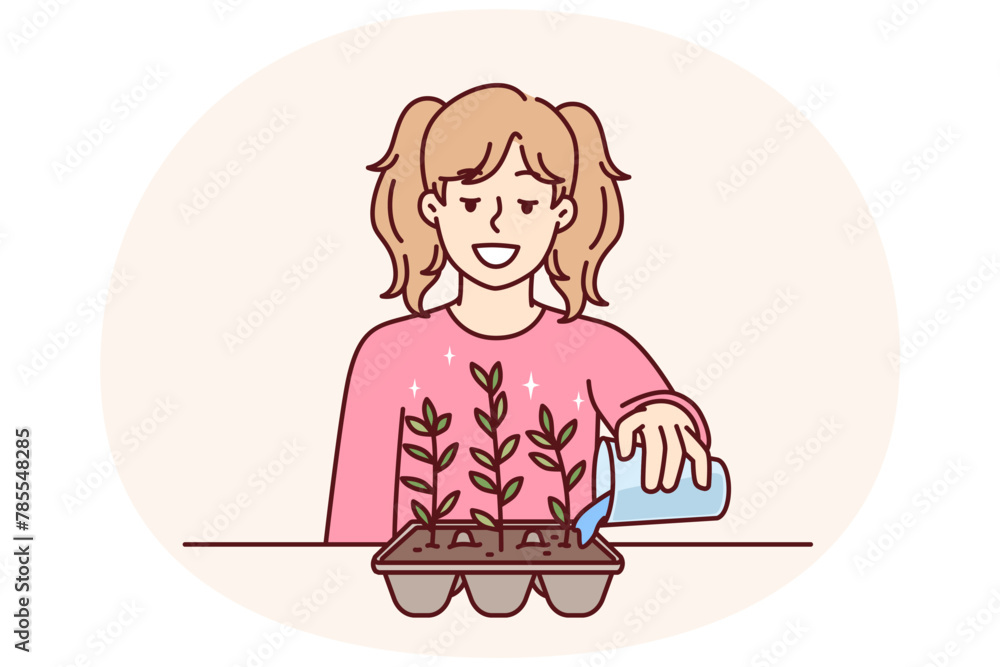 Little girl is watering plant in form of eggshell for concept of ecology and zero waste gardening. Caring teenage schoolgirl is gardening growing kitchen herbs and spices for cooking Little girl is watering plant in form of eggshell for concept of ecology and zero waste gardening. Caring teenage schoolgirl is gardening growing kitchen herbs and spices for cooking