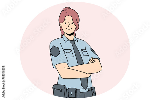 Smiling female police officer in uniform standing with arms crossed. Happy woman guard feeling confident show power and strength. Vector illustration.
