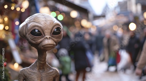 Cinematic image of an amiable alien wandering through the charming streets of Covent Garden in London, with quaint shops and bustling crowds softly blurred in the background 01