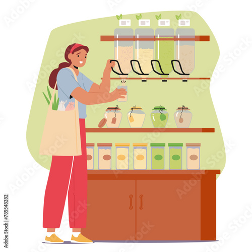 Woman Character With An Eco Bag Purchases Sustainable Products In The Market Store, Buying Cereals, Vector Illustration