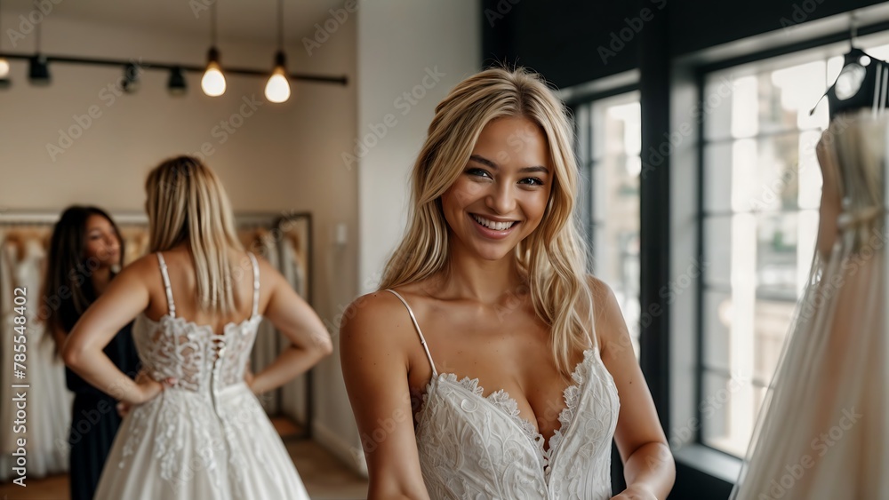 Beautiful blonde bride trying on wedding dresses in the store Beautiful blonde bride trying on wedding dresses in the store
