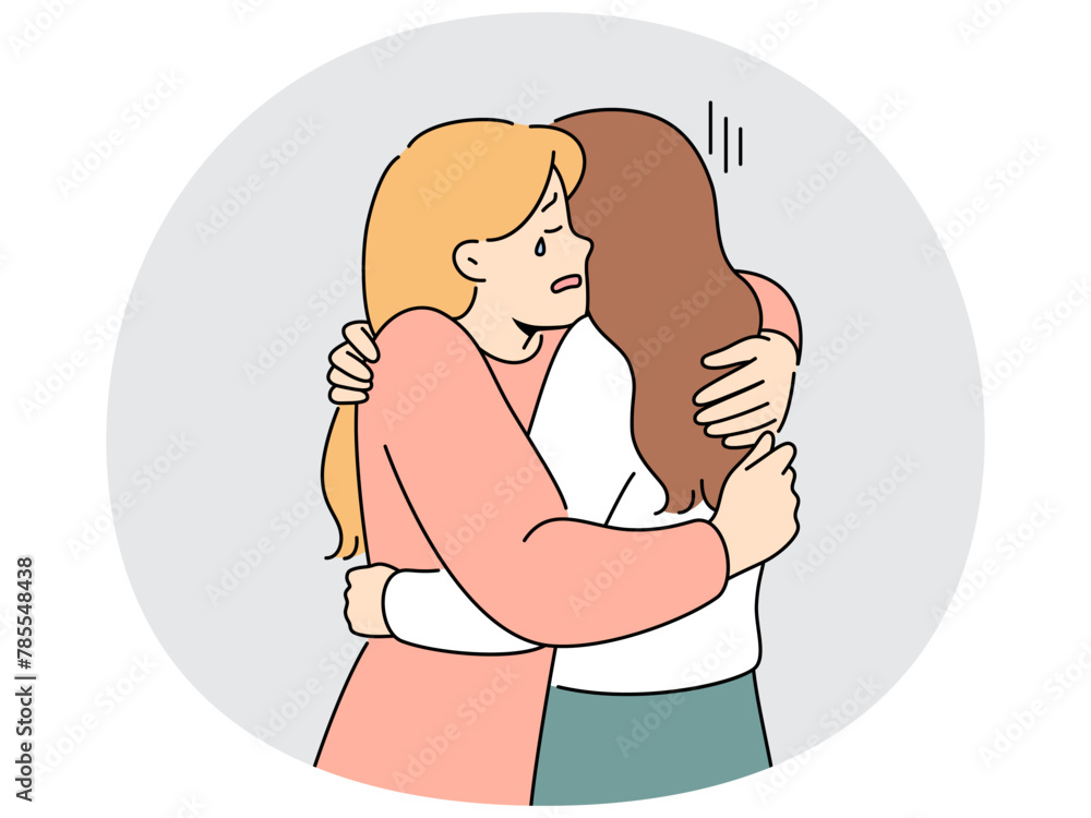 Supportive woman hug crying unhappy friends suffer from breakup or divorce. Caring female embrace support distressed upset girlfriend feeling down. Vector illustration. Supportive woman hug crying unhappy friends suffer from breakup or divorce. Caring female embrace support distressed upset girlfriend feeling down. Vector illustration.