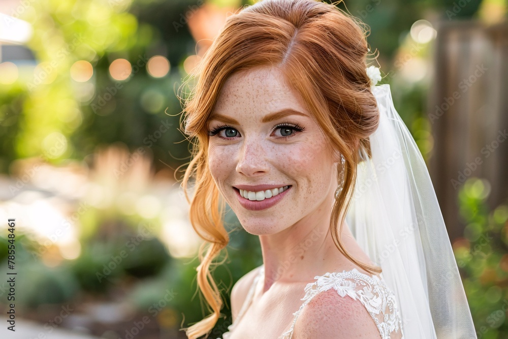Close-up shot of the bride's radiant smile, her red locks cascading gracefully over her shoulders on her special day 06 Close-up shot of the bride's radiant smile, her red locks cascading gracefully over her shoulders on her special day 06