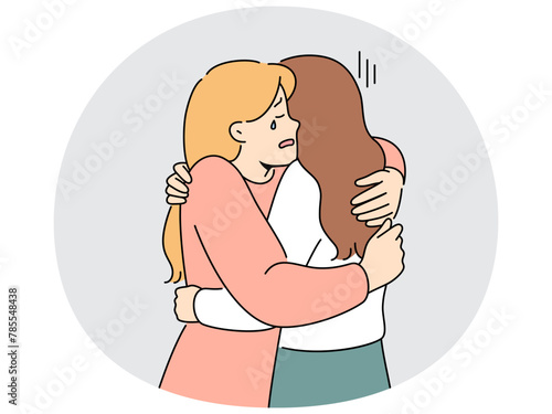 Supportive woman hug crying unhappy friends suffer from breakup or divorce. Caring female embrace support distressed upset girlfriend feeling down. Vector illustration.
