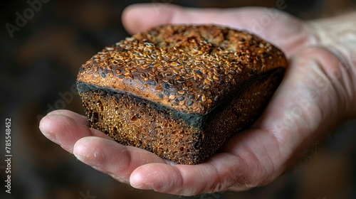  A person tightly grips a slice of bread, sesame seeds dotting its surface