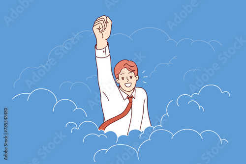 Business man superhero takes off raising hand up demonstrating motivation and ambition for career growth. Successful guy with leadership qualities and professional skills to achieve career growth