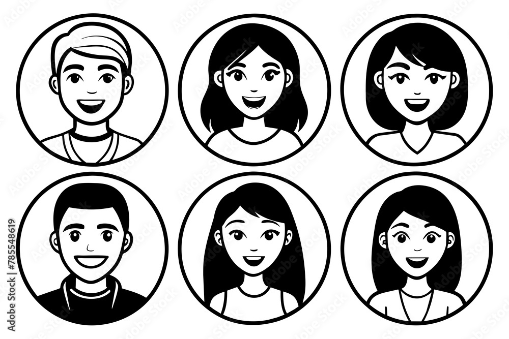 Flat vector illustration set of smiling human circle portraits, representing both female and male in Flat vector illustration set of smiling human circle portraits, representing both female and male in