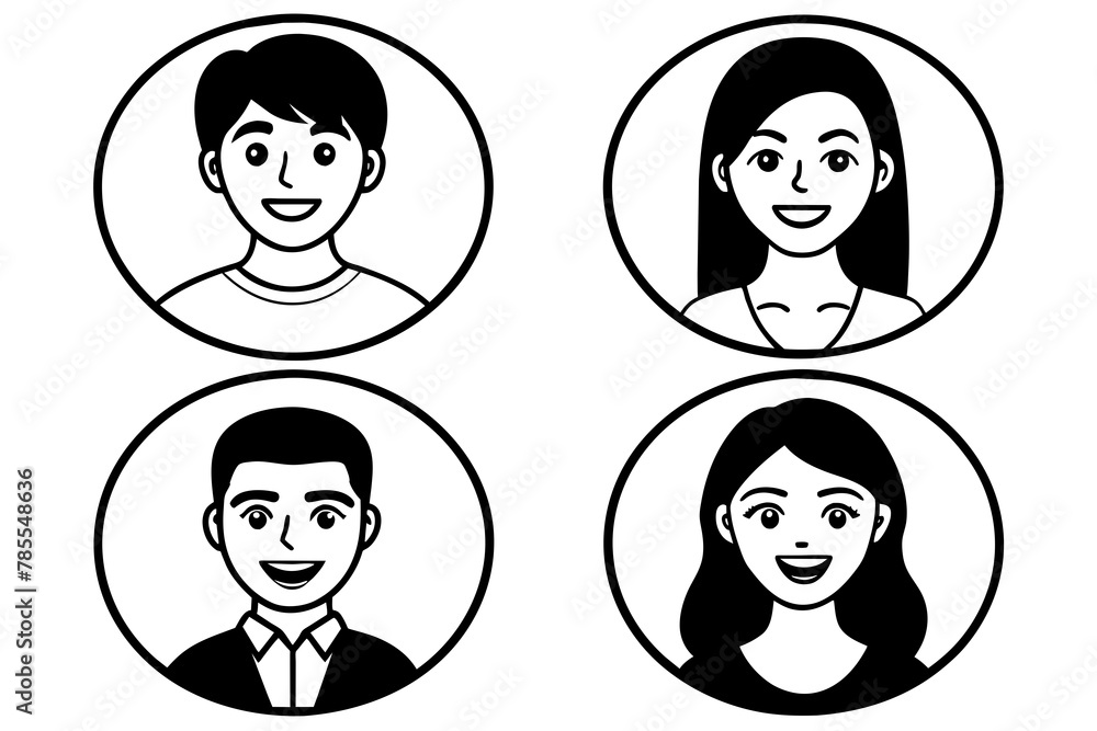 Naklejka premium Flat vector illustration set of smiling human circle portraits, representing both female and male in