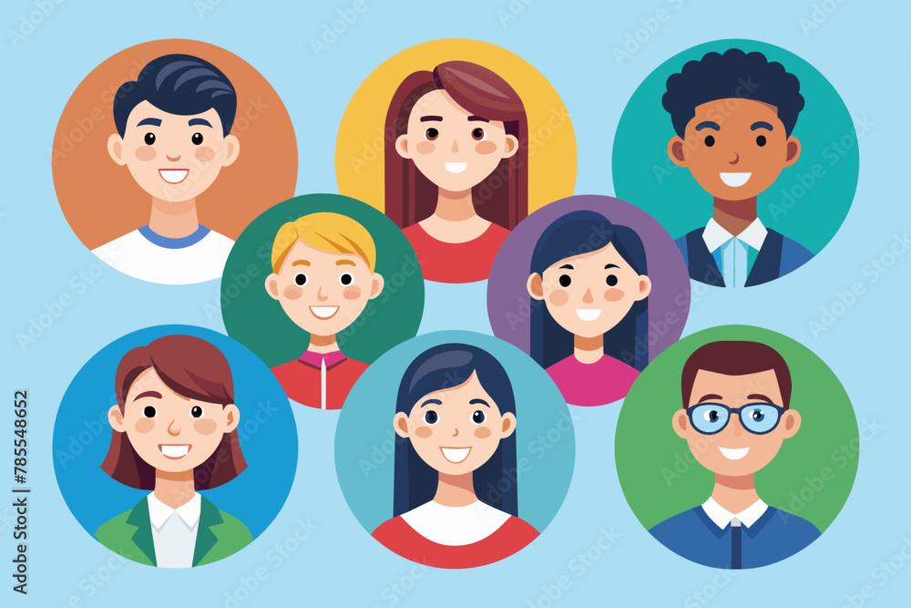 Flat vector illustration set of smiling human circle portraits, representing both female and male in Flat vector illustration set of smiling human circle portraits, representing both female and male in