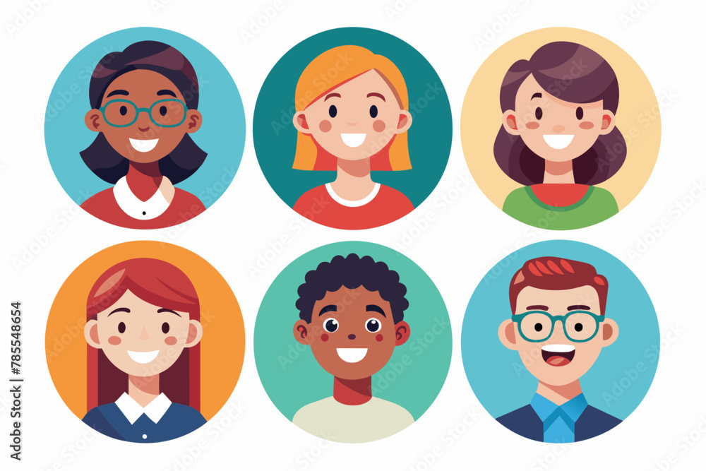 Flat vector illustration set of smiling human circle portraits, representing both female and male in Flat vector illustration set of smiling human circle portraits, representing both female and male in