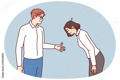 Young businessman extends hand to bowing woman as token of gratitude for job well done or good business offer. Asian girl in formal wear bow while greeting business partner or corporation boss