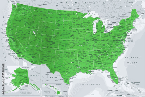 United States - Highly Detailed Vector Map of the USA. Ideally for the Print Posters. Emerald Green Grey Colors. Relief Topographic