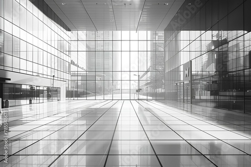 A black and white photo of a building with many windows and a clock on the wall in the center an