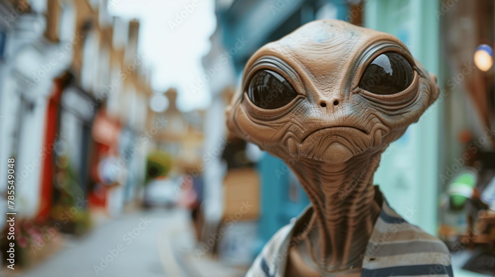 Cinematic photo of an amiable extraterrestrial exploring the enchanting streets of Notting Hill in London, with colorful houses and charming boutiques softly blurred in the background 01 Cinematic photo of an amiable extraterrestrial exploring the enchanting streets of Notting Hill in London, with colorful houses and charming boutiques softly blurred in the background 01