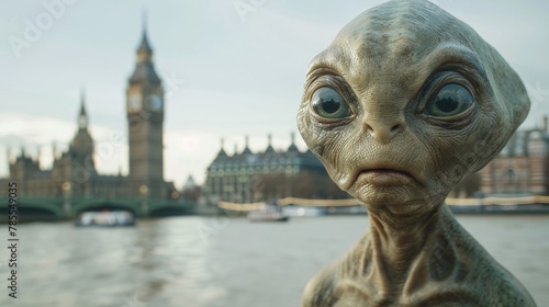 Cinematic snapshot of a cheerful extraterrestrial enjoying a scenic stroll along the South Bank of the Thames in London photo